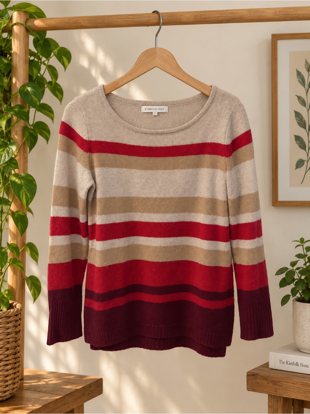 Athleta Women’s Medium Striped Sweater Beige Red Burgundy Scoop Neck